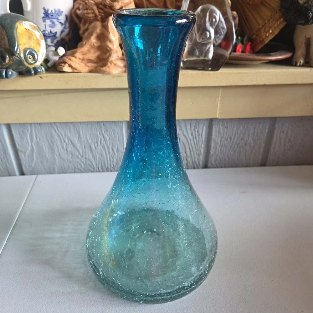 Vintage Hand Blown Crackle Art Glass Aqua Blue Rim Decanter Carafe Vase Mexico